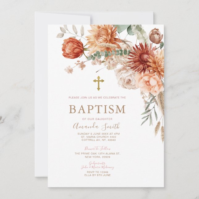 Elegant Boho Orange Floral Baptism Christening Invitation (Front)