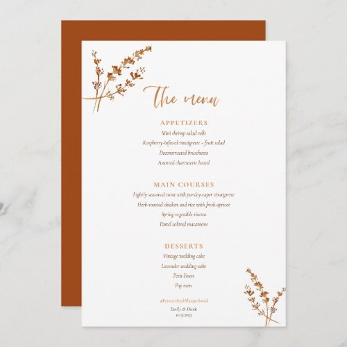 Elegant Boho Orange Flowers Wedding Menu