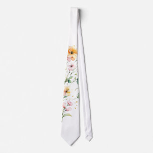 Elegant Boho Orange Pink Watercolor Wildflowers Neck Tie