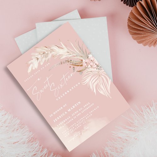 Elegant Boho Pampas Blush Sweet 16 Party Invitation