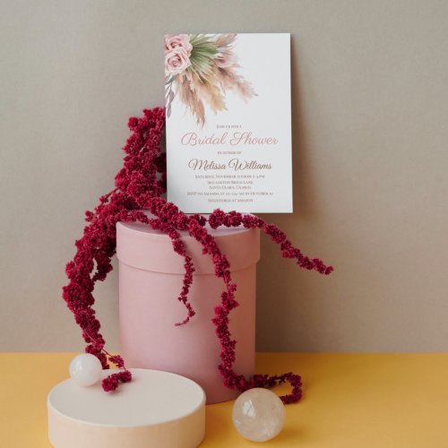 Elegant Boho Pampas Grass Blush Pink Bridal Shower Invitation