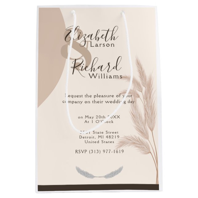 Elegant Boho Pampas Grass Modern Wedding Medium Gift Bag (Front)