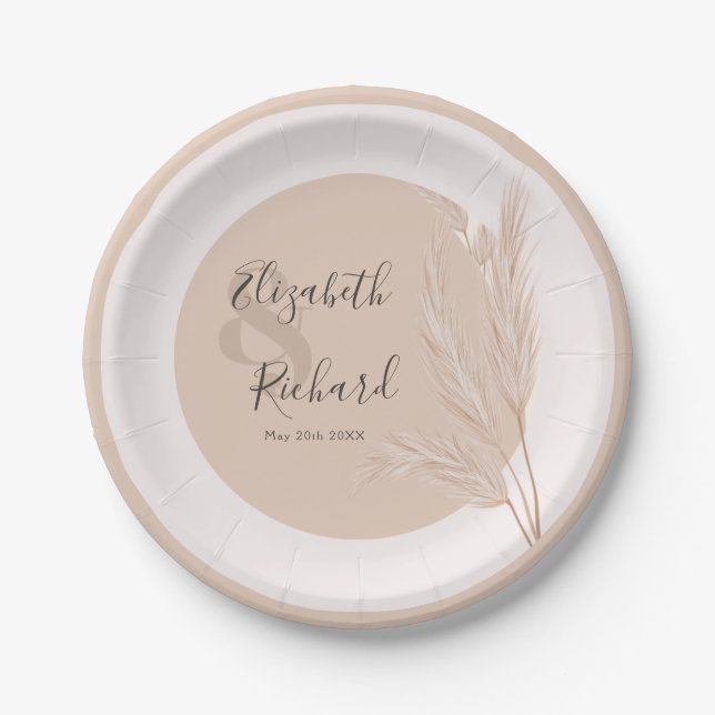 Elegant Boho Pampas Grass Modern Wedding Paper Plates (Front)