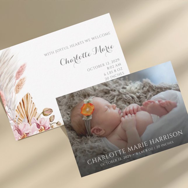 Elegant Boho Pampas Grass Photo Birth Announcement (Creator Uploaded)