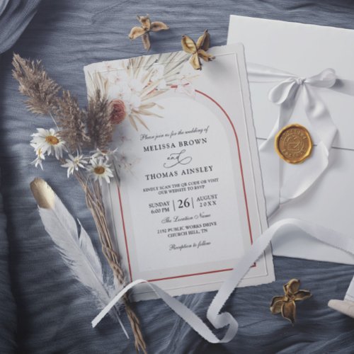 Elegant Boho Pampas Modern Budget QR Code Wedding Invitation
