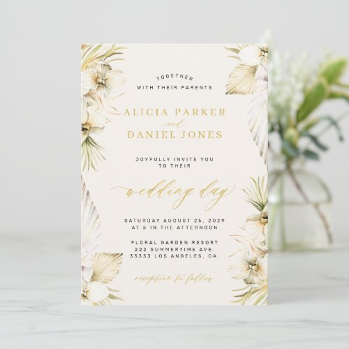 Elegant boho pampas tropical floral wedding invitation