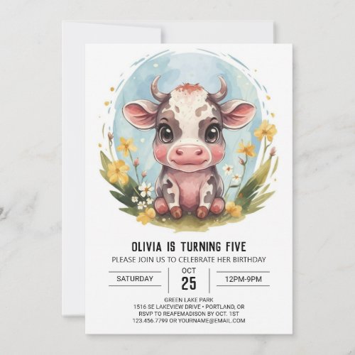  Elegant Boho Pastel Cow Birthday Invitation