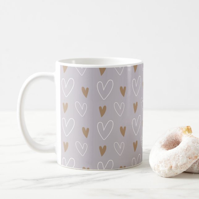 Elegant Boho Pastel Hearts Grey Gold Gift Coffee Mug (With Donut)