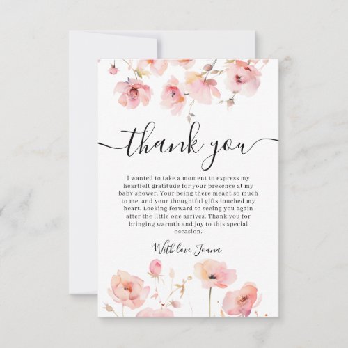 Elegant Boho Pastel Pink Floral Baby Shower Thank You Card