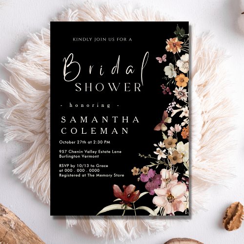 Elegant Boho Pastel Wildflower Black Bridal Shower Invitation