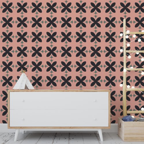 Elegant Boho Peach Black Nordic Pattern Wallpaper