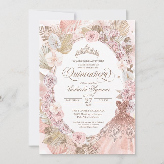 Elegant Boho Pink Dried Floral Roses Quinceanera Invitation (Front)