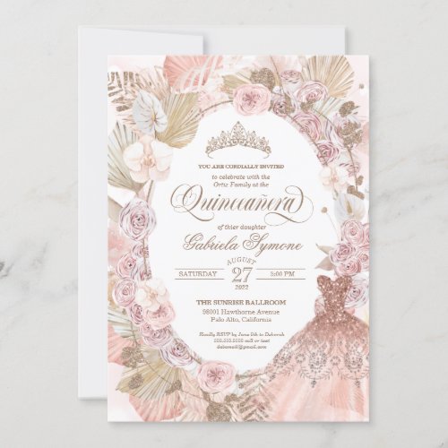 Elegant Boho Pink Dried Floral Roses Quinceanera Invitation