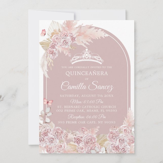 Elegant Boho Pink Dusty Quinceañera Invitation (Front)
