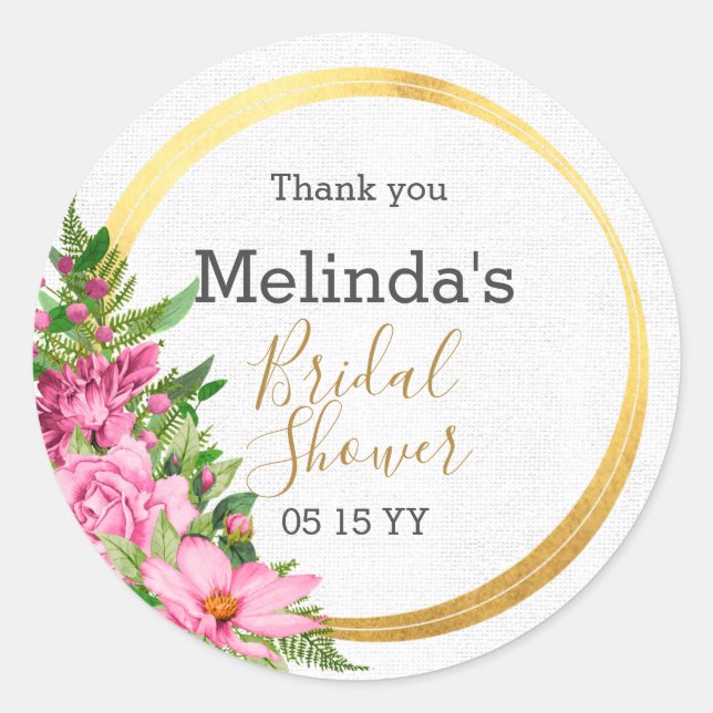 Elegant Boho Pink Floral Bridal Shower Favor Classic Round Sticker (Front)
