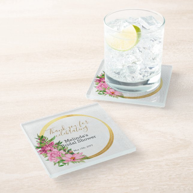 Elegant Boho Pink Floral Bridal Shower Favor Glass Coaster (Angled)