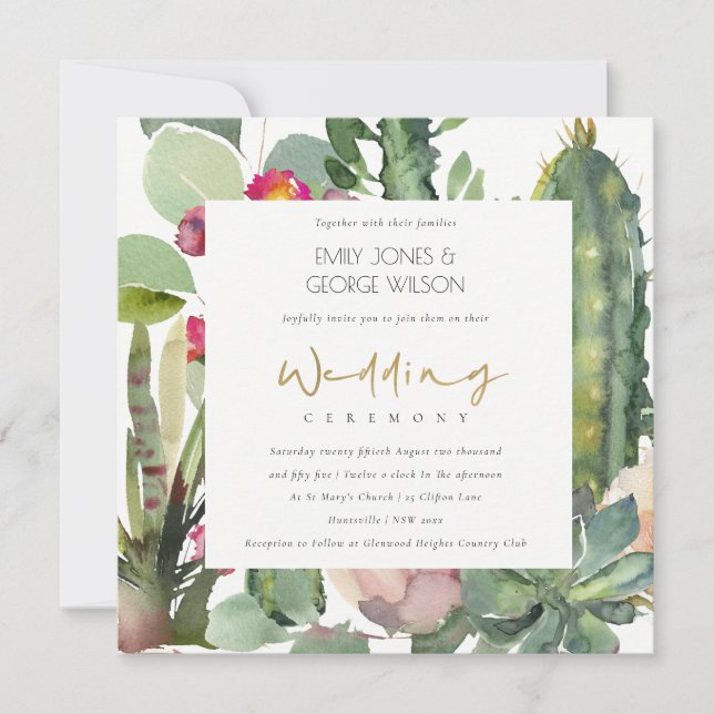 ELEGANT BOHO PINK FLORAL CACTI FOLIAGE WEDDING INVITATION (Front)