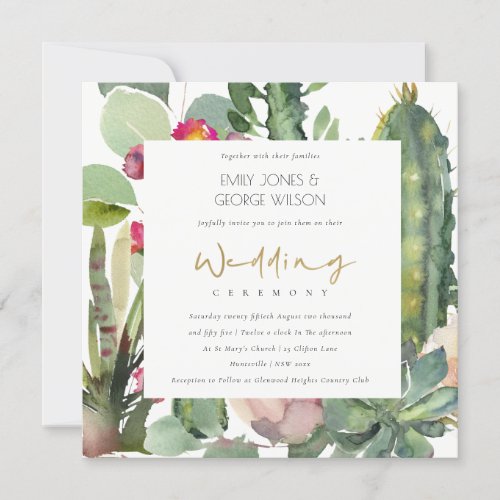 ELEGANT BOHO PINK FLORAL CACTI FOLIAGE WEDDING INVITATION