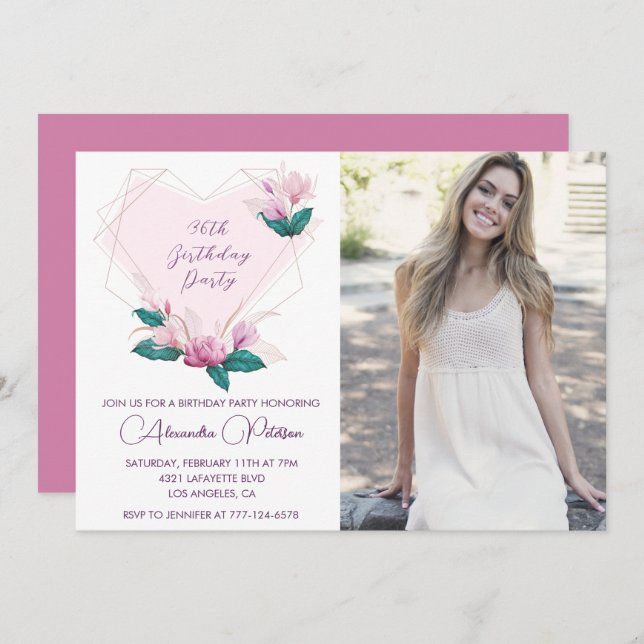 Elegant Boho Pink Floral Photo 36th birthday Invitation (Front/Back)