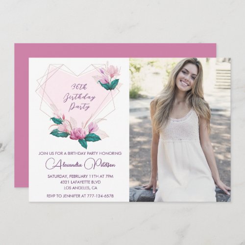 Elegant Boho Pink Floral Photo 36th birthday Invitation