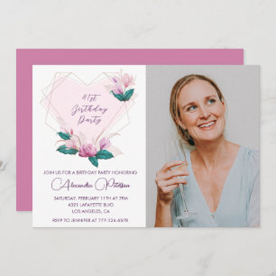 Elegant Boho Pink Floral Photo 41st birthday Invitation