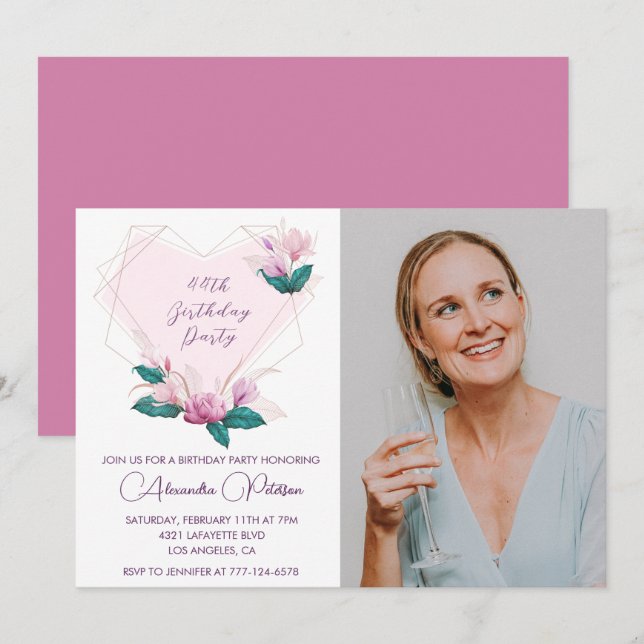 Elegant Boho Pink Floral Photo 44th birthday Invitation (Front/Back)