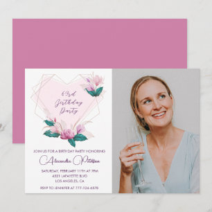 Elegant Boho Pink Floral Photo 63rd birthday Invitation