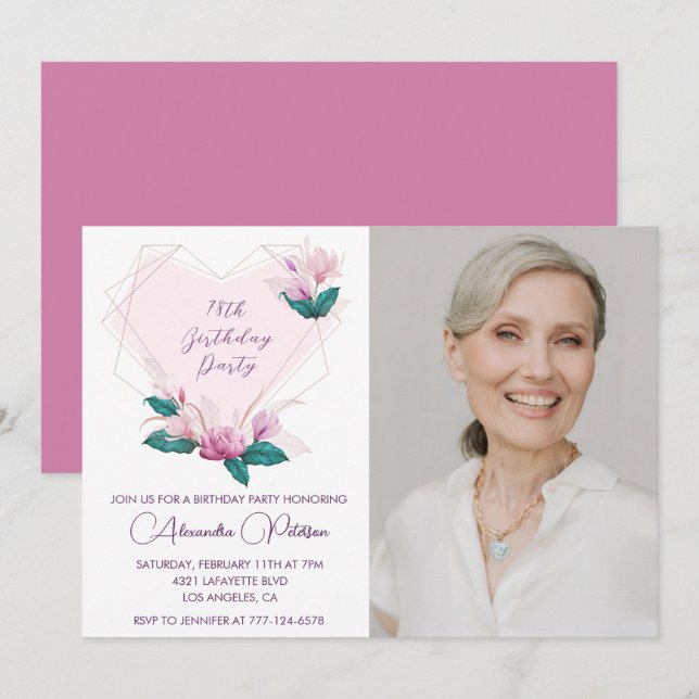 Elegant Boho Pink Floral Photo 78th birthday Invitation (Front/Back)