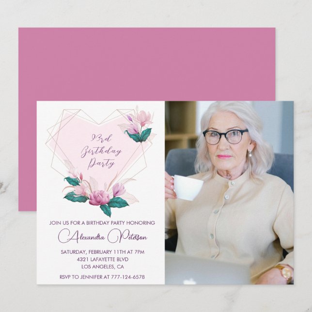 Elegant Boho Pink Floral Photo 93rd birthday Invitation (Front/Back)