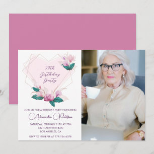 Elegant Boho Pink Floral Photo 99th birthday Invitation