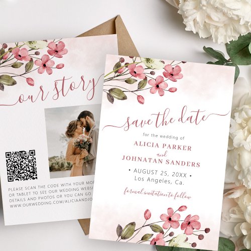 Elegant boho pink floral QR code photo wedding Save The Date