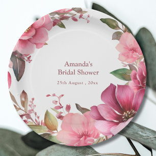 Elegant Boho Pink Flower Wreath Wedding Paper Plates