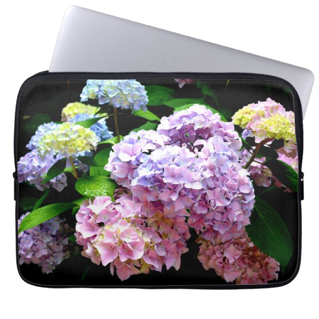 Elegant boho pink purple blue florals hydrangeas laptop sleeve (Front)