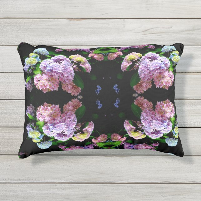 Elegant boho pink purple blue florals hydrangeas outdoor pillow (Front)