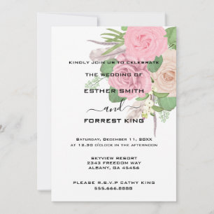 Elegant Boho Pink White Floral Bouquet Wedding Invitation
