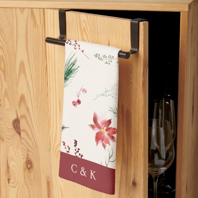 Elegant Boho Poinsettia Greenery Christmas Winter Kitchen Towel (Thirds Fold)