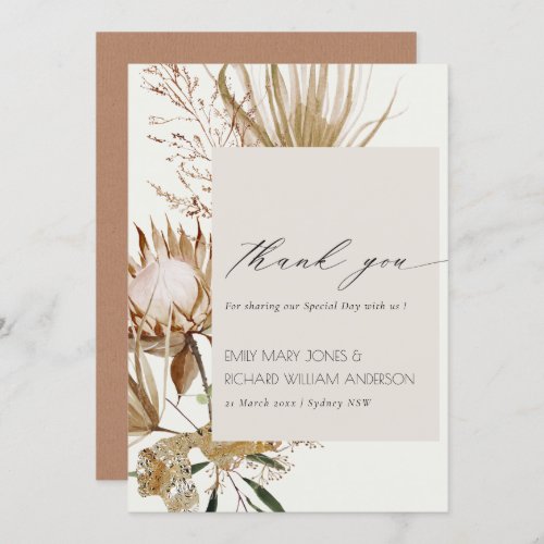 Elegant Boho Protea Dried Palm Floral Wedding Thank You Card