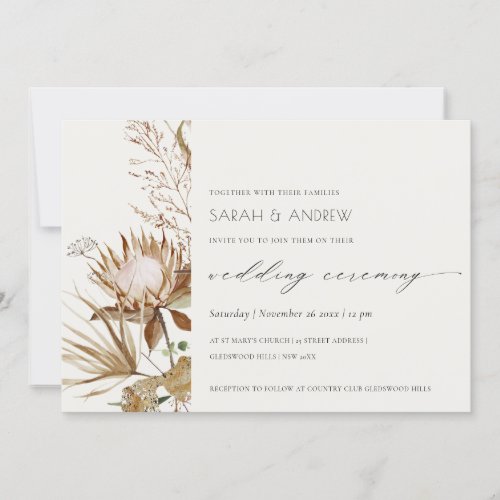 Elegant Boho Protea Dry Palm Floral Wedding Invite
