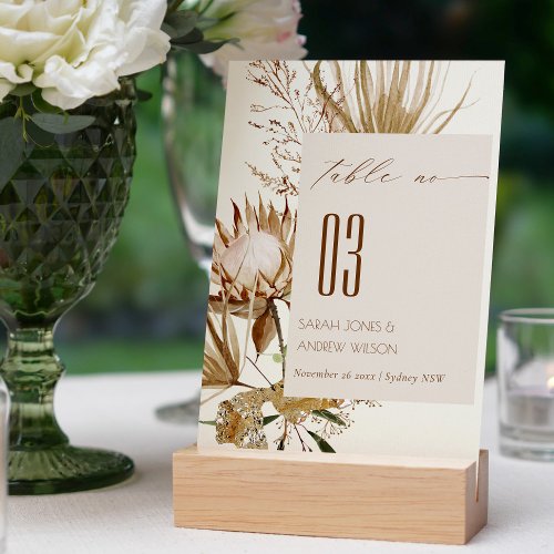 Elegant Boho Protea Ivory Dry Palm Floral Wedding Table Number