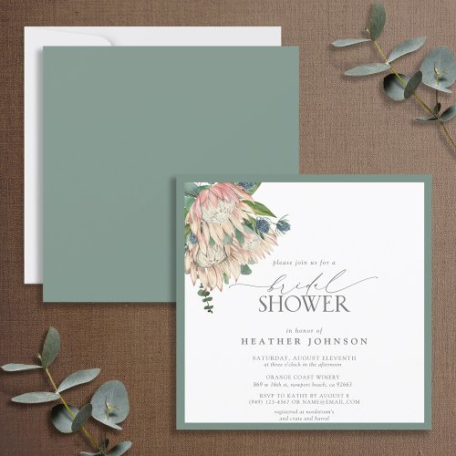 Elegant Boho Protea Watercolor Bridal Shower Invitation