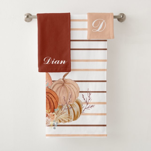 Elegant Boho Pumpkin pampas grass Personalized  Bath Towel Set (Insitu)