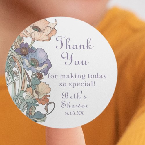 Elegant Boho Purple and Peach Poppies Thank You  Classic Round Sticker