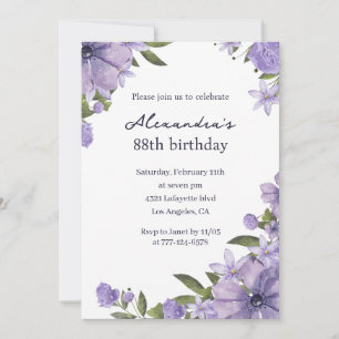 Elegant Boho purple Floral 88th birthday Invitation