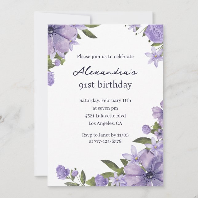 Elegant Boho purple Floral 91st birthday Invitation (Front)