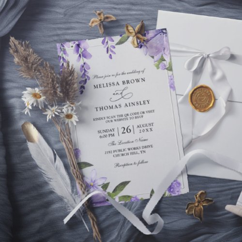 Elegant Boho Purple Floral Budget QR Code Wedding Invitation