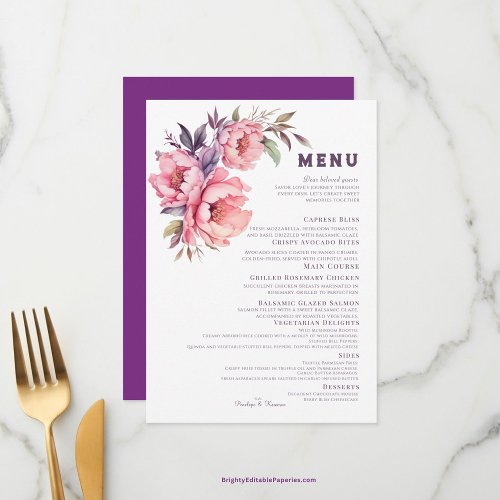 Elegant Boho Purple Peony Wedding Menu