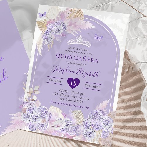 Elegant Boho Purple Roses Girls Royal Quinceaera Invitation