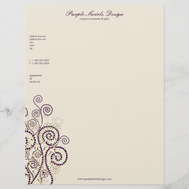 Elegant Boho Purple Spirals Artistic Deco Custom Letterhead (Front)