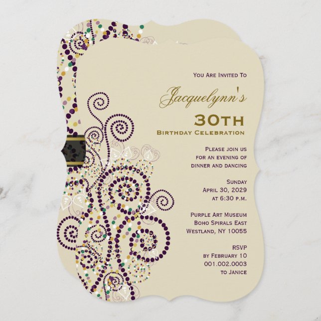 Elegant Boho Purple Spirals Birthday Party Invite (Front/Back)