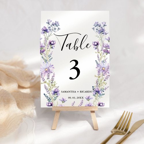 Elegant Boho  Purple Wildflower Wedding  Table Number
